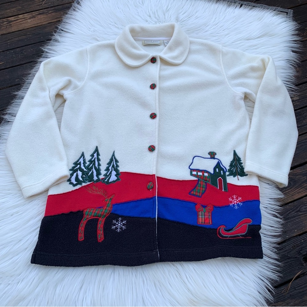 Vintage Studio Works Petite Color block Fleece Holiday Cardigan Women’s Size MP